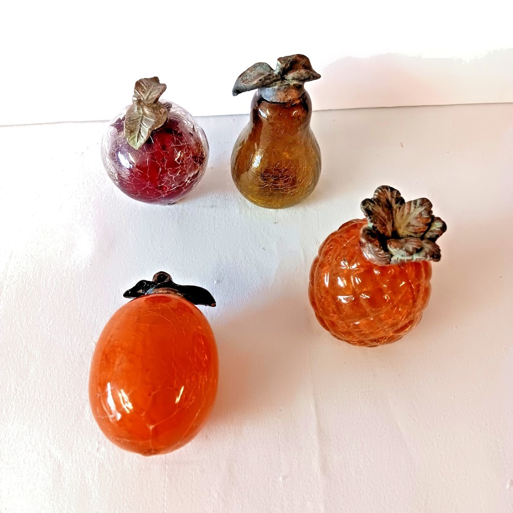 Vintage Art Glass Fruit Lot Set of 4 Crackle Glass MCM Metal Stems Retro‎ Decor